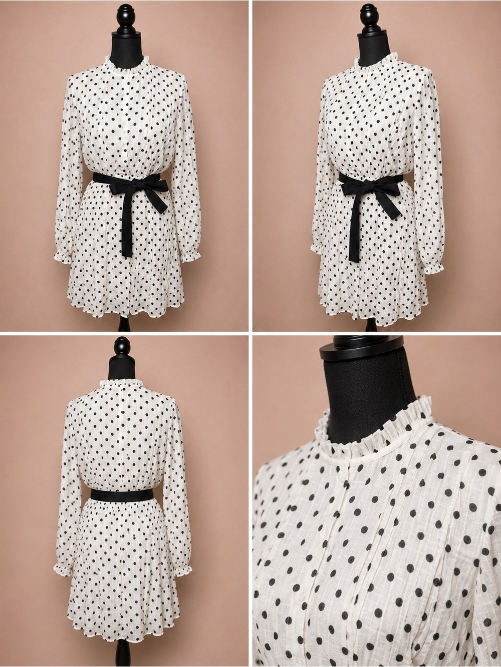 Maje White Polka Dot Long Sleeve Dress with Black Waist Tie